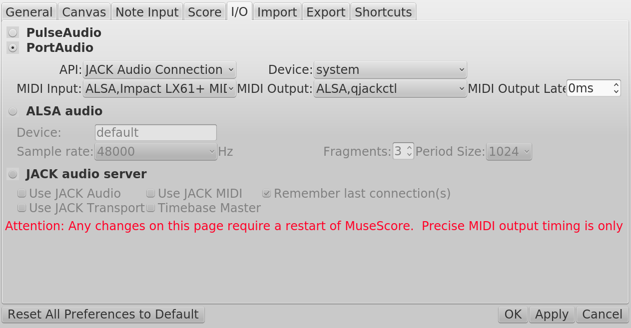 MuseScore I/O Portaudio Settings